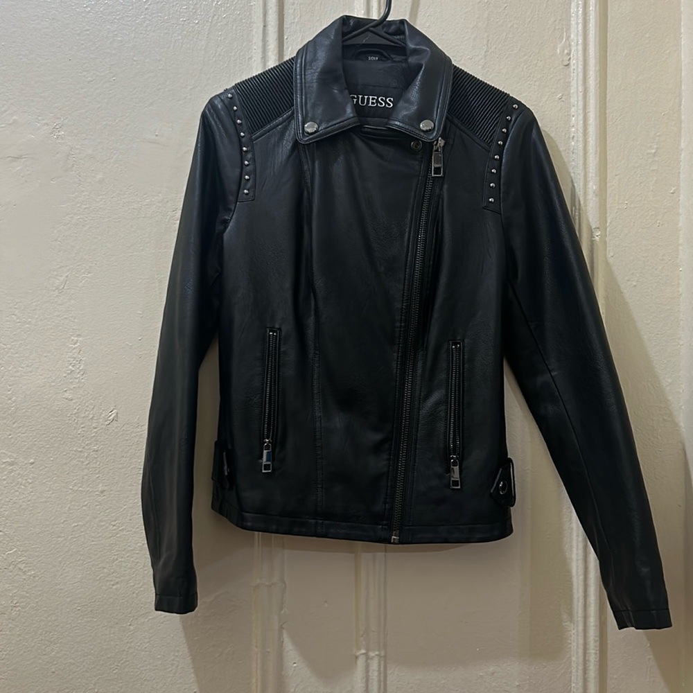 GUESS: Woman’s Leather Jacket, Black, Adjustable Belt- Size Small